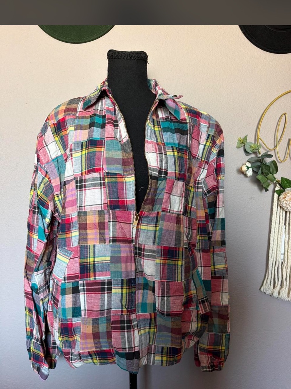 Vintage Cambridge House Plaid Patchwork Bomber Jacket